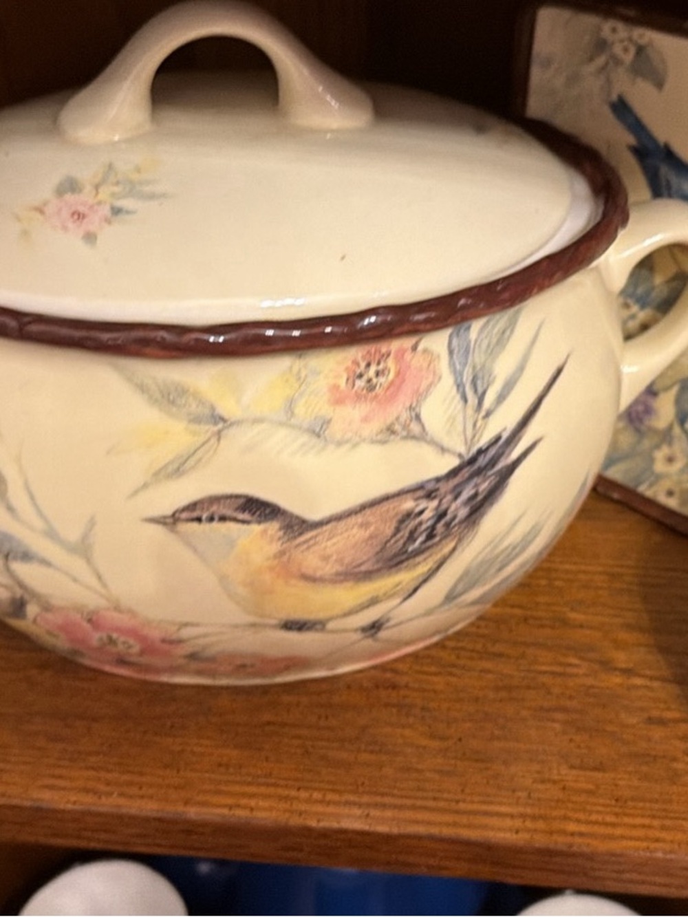 Decorative Ceramic Covered Bowl with Yellow Bird Motif